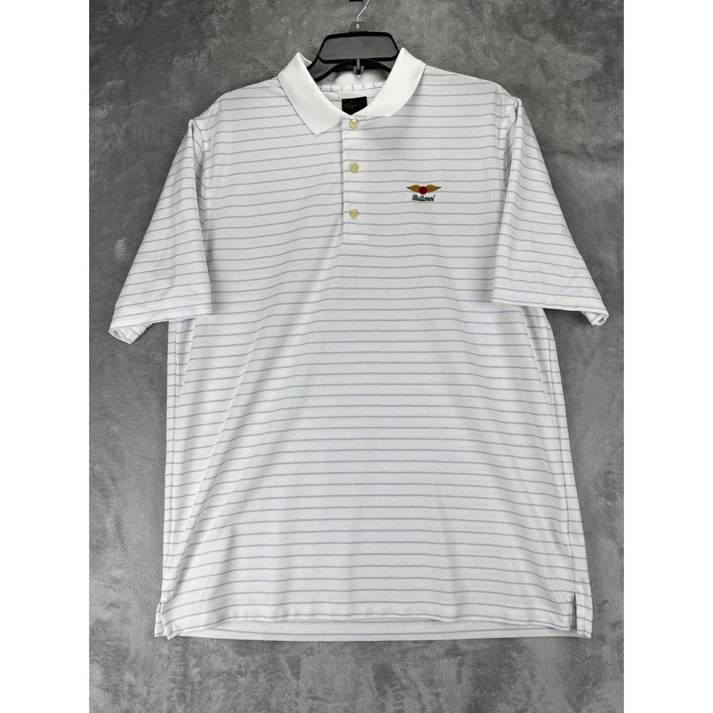 Greg Norman Mens Polo Shirt XL White Purple Striped Baltusrol Golf Play Dry Logo